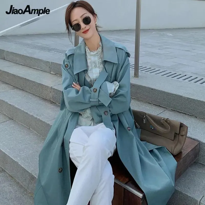 Windbreaker Autumn Winter Women Lapel Double Breasted Trench Coats Office Long Lining Korean Fashion Clothing 26820